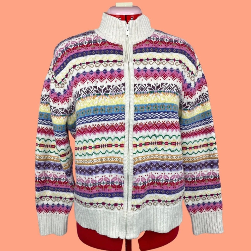 Colorful Fair Isle Kitschy Zippered Chunky Knit Sweater Rainbow Vintage Y2K Med
